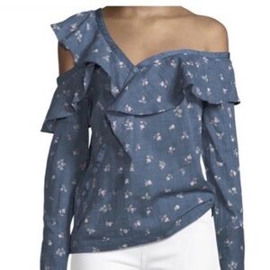 PAIGE Blue Floral Ruffle Off-Shoulder one shoulder Top Blouse XS